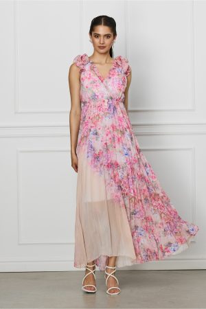 Rochie Ramona lunga roz cu imprimeuri florale 1