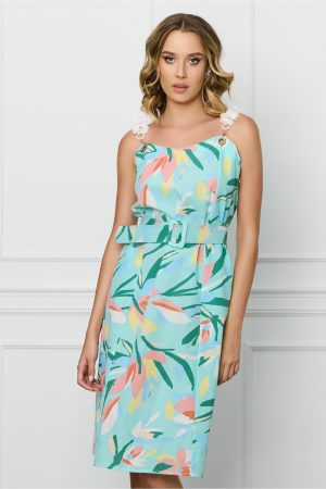 Rochie Ranya bleu cu imprimeu floral peach si curea in talie 1