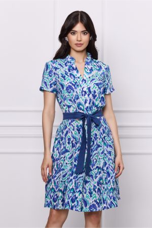 Rochie Rebeca albastra cu imprimeu si cordon in talie 1