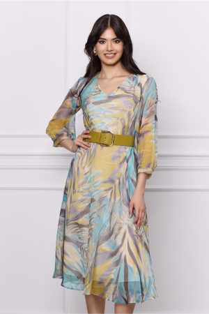 Rochie Reya galbena din voal cu imprimeu turcoaz si curea in talie 1