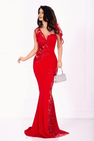 Rochie rosie de lux sirena Esther de seara cu flori brodate cu paiete si fulgi 1