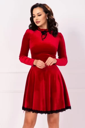 Rochie rosie eleganta Estelle din catifea in clos cu guler cret 1