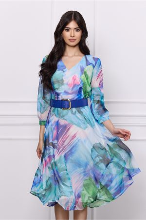 Rochie Roxana albastra din voal cu imprimeu verde si curea in talie 1
