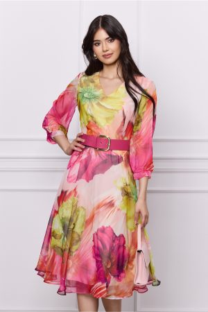 Rochie Roxana corai din voal cu imprimeu fucsia si curea in talie 1