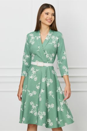Rochie Sabrina verde mint cu imprimeuri florale albe si curea in talie 1