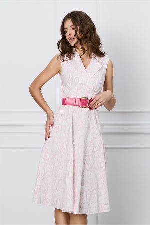 Rochie Sara alba cu imprimeuri fucsia si curea in talie 1