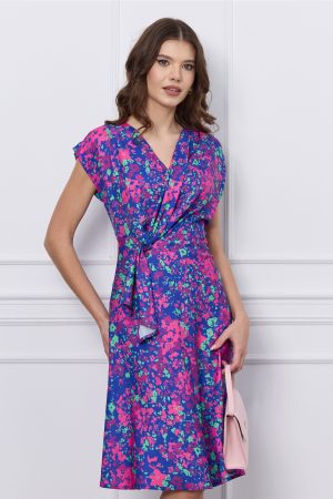 Rochie Sara albastra cu imprimeu floral fucsia si verde 1