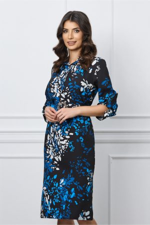 Rochie Sara neagra cu imprimeuri albastre si curea in talie 1