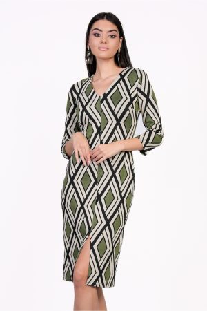 Rochie Sarah kaki cu imprimeuri bej 1