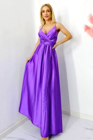 Rochie satinata Jhade, croiala decupata, cordon si bretele subtiri, Mov, Marime S/M 1