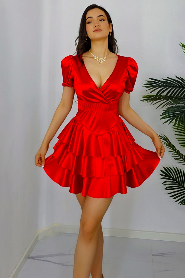 Rochie satinata Thora, cu volane si maneci scurte usor bufante, Rosu, Marime S/M 2