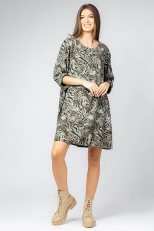 Rochie scurta din vascoza cu imprimeu animal print, kaki 1