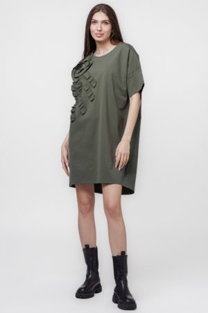 Rochie scurta, dreapta,cu aplicatie boboc, din jerseu de bumbac, kaki 1