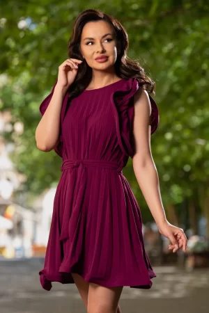 Rochie scurta plisata cu cordon in talie si volane la umeri 1