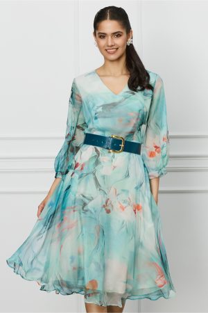 Rochie Simona din voal turcoaz cu imprimeu corai si curea in talie 1