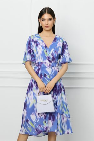 Rochie Sorina albastra cu imprimeuri mov si volan pe fusta 1