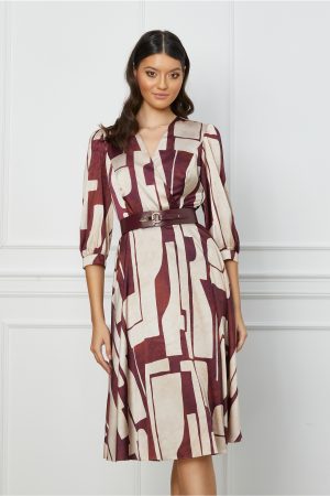 Rochie Sorina bordo cu imprimeuri bej si curea in talie 1