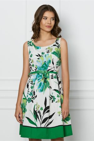 Rochie Tania alba cu imprimeu verde si curea in talie 1
