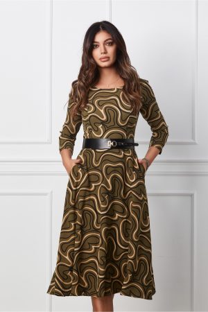 Rochie Tania kaki cu imprimeuri bej si curea in talie 1