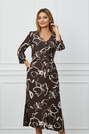 Rochie Teodora maro cu imprimeu alb tip camasa cu cordon in talie 1