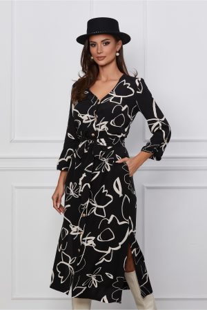 Rochie Teodora neagra cu imprimeu alb tip camasa cu cordon in talie 1