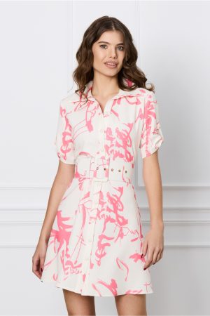 Rochie Theo ivory cu imprimeu roz si curea in talie 1