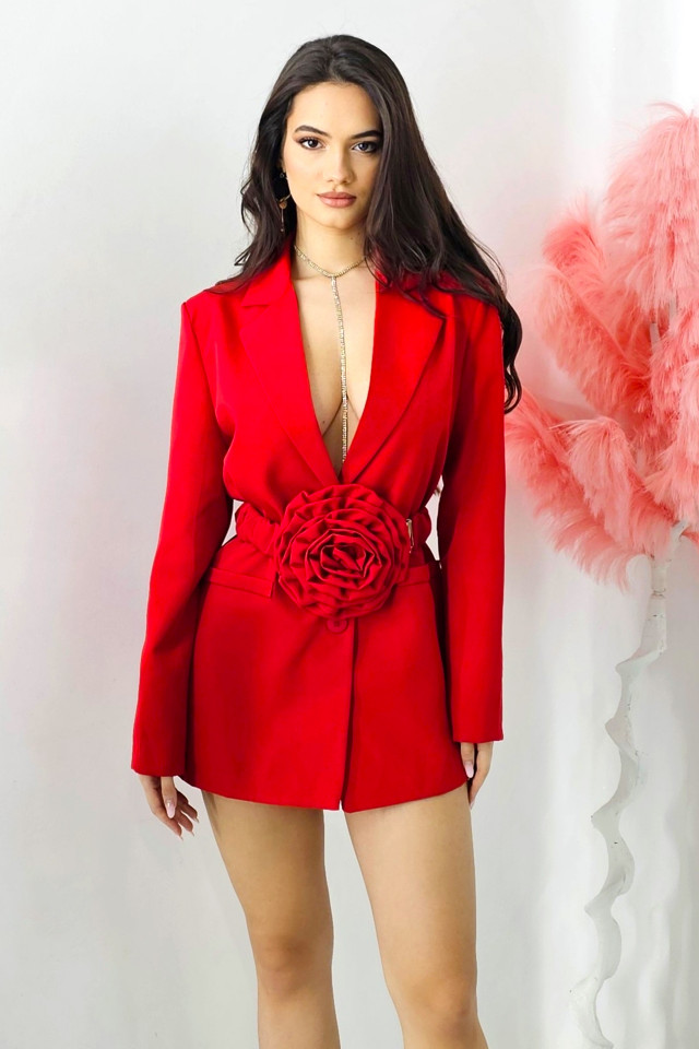 Rochie tip sacou Daniela, decolteu amplu si curea cu detaliu floral oversize, Rosu, Marime S/M 1