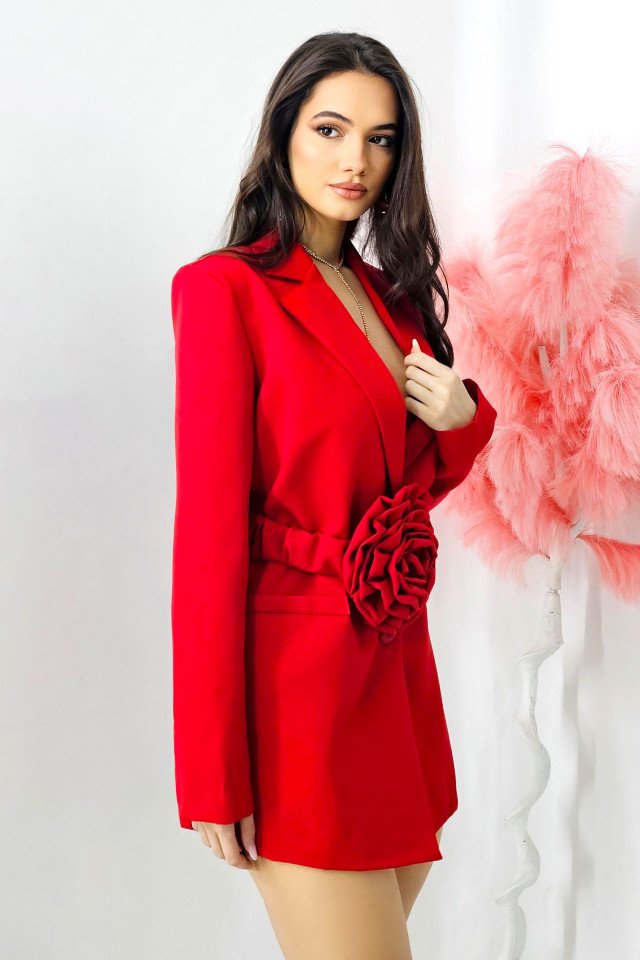 Rochie tip sacou Daniela, decolteu amplu si curea cu detaliu floral oversize, Rosu, Marime S/M 2