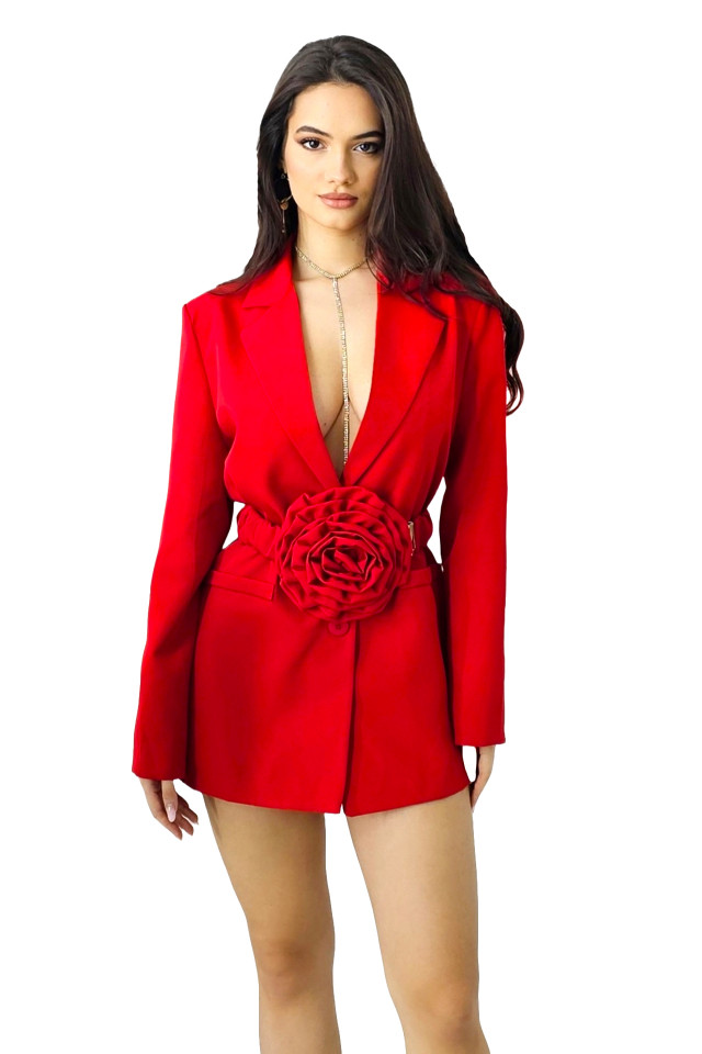 Rochie tip sacou Daniela, decolteu amplu si curea cu detaliu floral oversize, Rosu, Marime S/M 6