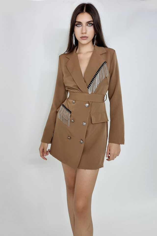 Rochie tip sacou Tiffany, accesorizata cu franjuri metalici, Bej, Marime S/M 5