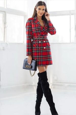 Rochie tip sacou VyVy, imprimeu cu carouri si curea asortata, Rosu, Marime S/M 1