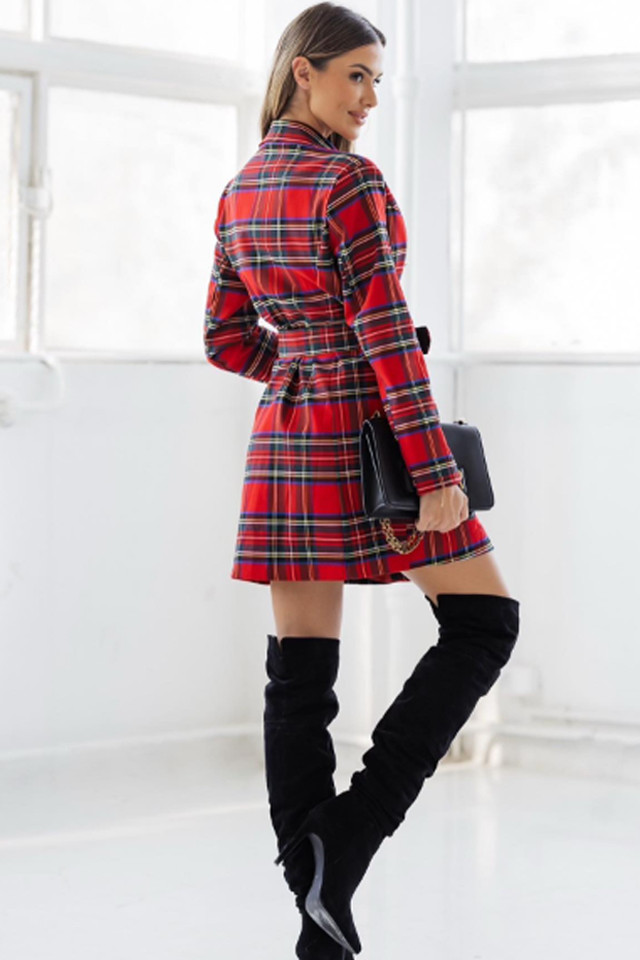 Rochie tip sacou VyVy, imprimeu cu carouri si curea asortata, Rosu, Marime S/M 2