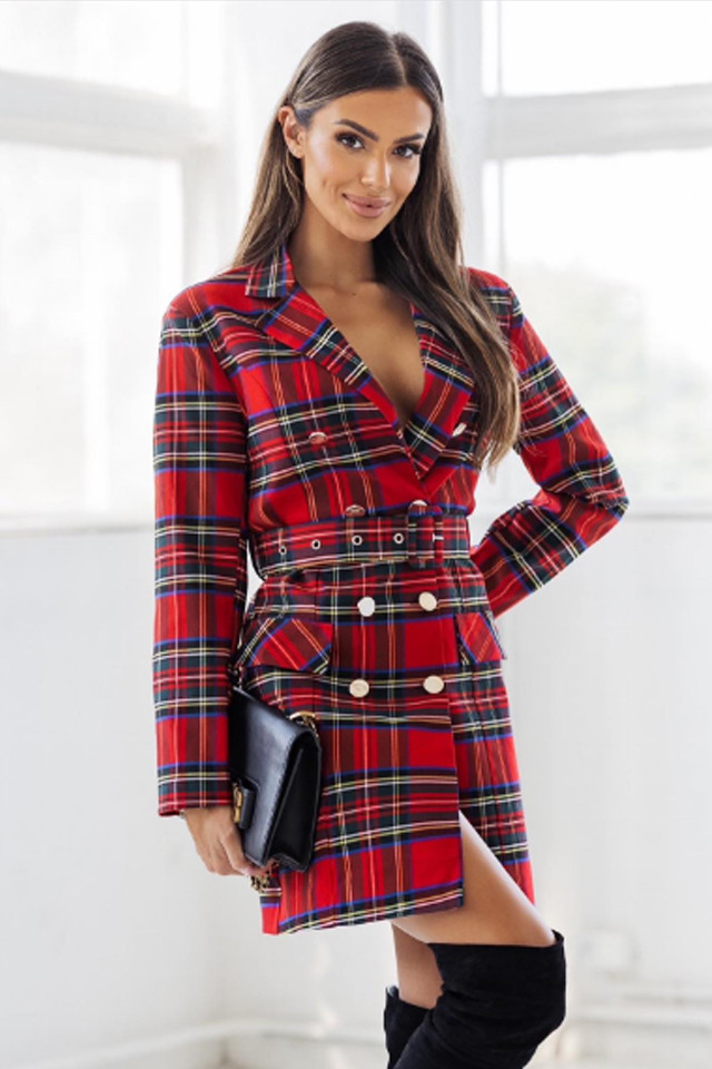 Rochie tip sacou VyVy, imprimeu cu carouri si curea asortata, Rosu, Marime S/M 3