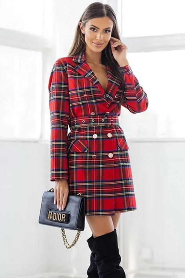 Rochie tip sacou VyVy, imprimeu cu carouri si curea asortata, Rosu, Marime S/M 4