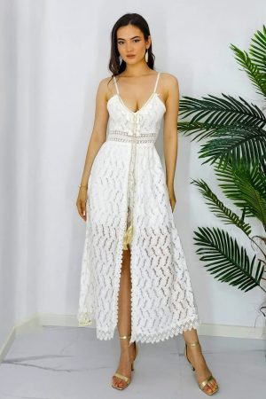 Rochie tip salopeta Amyne, cu aspect brodat si ciucuri decorativi, Alb, Marime S/M 1