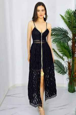 Rochie tip salopeta Amyne, cu aspect brodat si ciucuri decorativi, Negru, Marime S/M 1