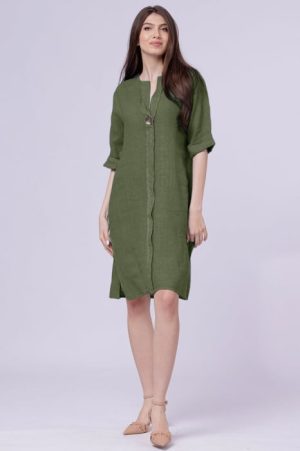 Rochie tunica din in kaki, cu nasture metalic decorativ 1