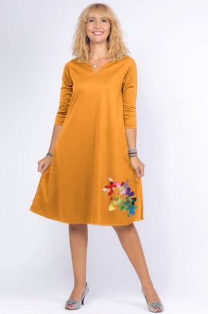 Rochie mustar A line midi, cu decolteu traditional si floare laterala 1