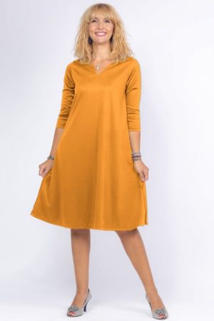 Rochie uni mustar A line midi, cu decolteu traditional 1
