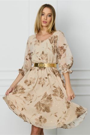 Rochie Valeria bej cu imprimeu maro si curea in talie 1