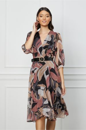 Rochie Valeria bej cu imprimeuri roz si curea in talie 1