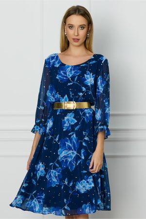 Rochie Valeria bleumarin cu imprimeu albastru si curea in talie 1