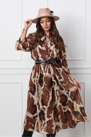 Rochie Valeria maro cu imprimeuri ivory si curea in talie 1