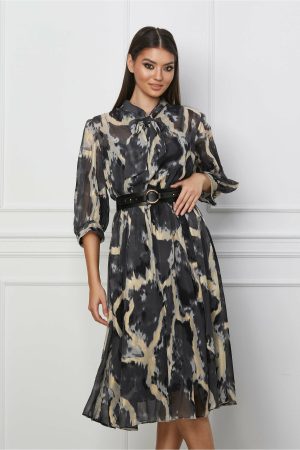 Rochie Valeria neagra cu imprimeuri gri si curea in talie 1