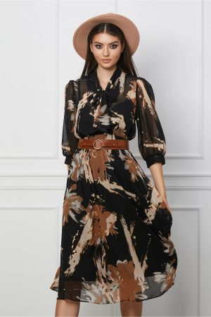 Rochie Valeria neagra cu imprimeuri maro si curea in talie 1