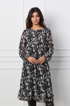 Rochie Valeria neagra cu imprimeuri si accesoriu 1