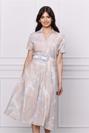 Rochie Vania bej cu imprimeuri bleu si curea in talie 1