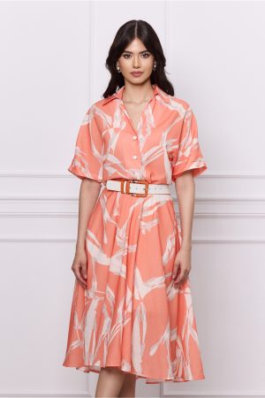 Rochie Vania corai cu imprimeuri bej si curea in talie 1