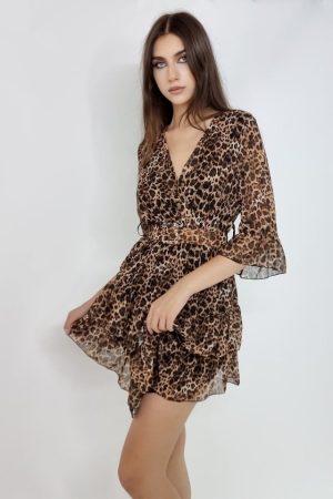 Rochie vaporoasa Evelina, din voal, maneca trei sferturi si curea inclusa, Animal print leopard, Marime S/M 1