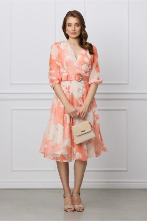Rochie Vera orange din voal cu imprimeuri ivory si curea in talie 1